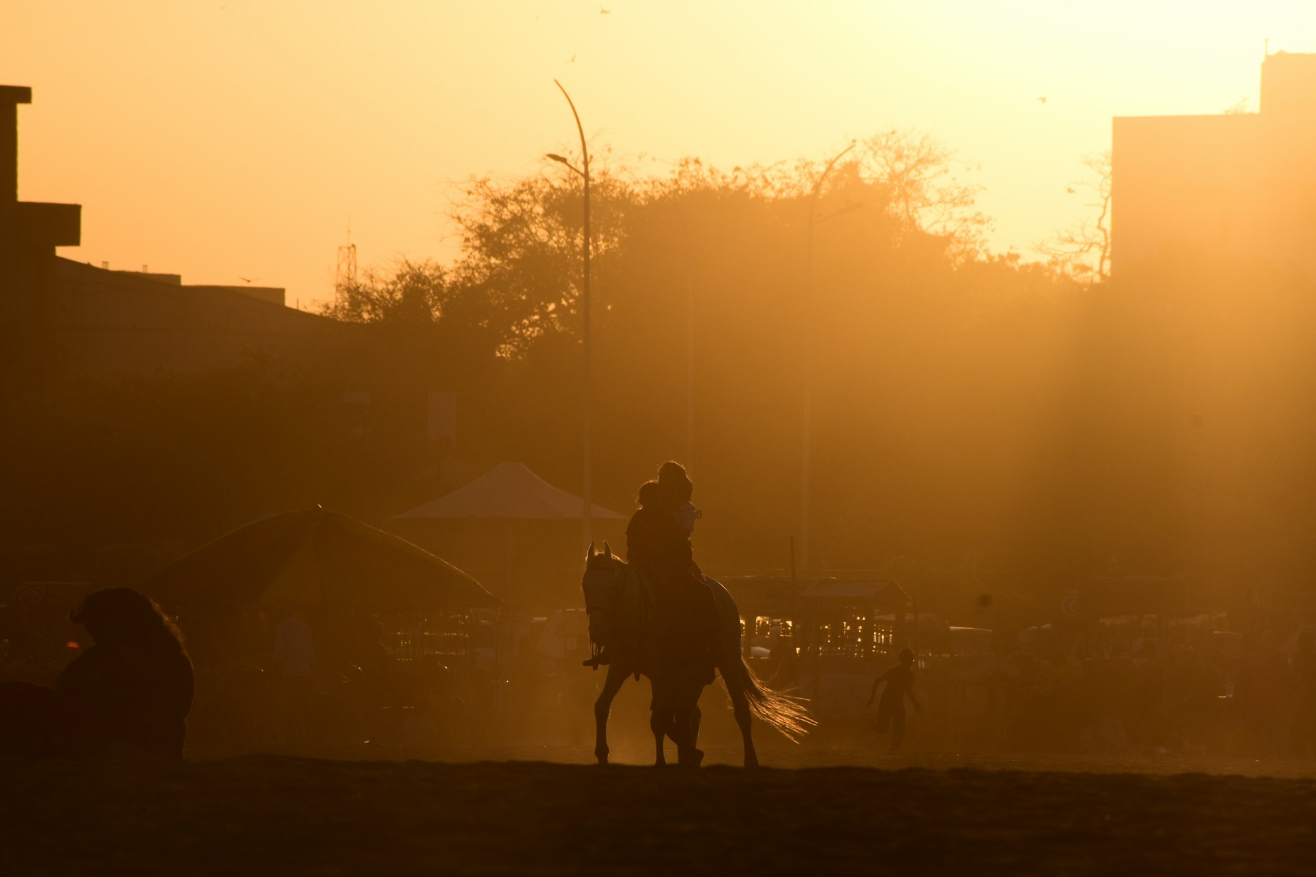 A Patagonian gaucho on horseback backlit at dusk